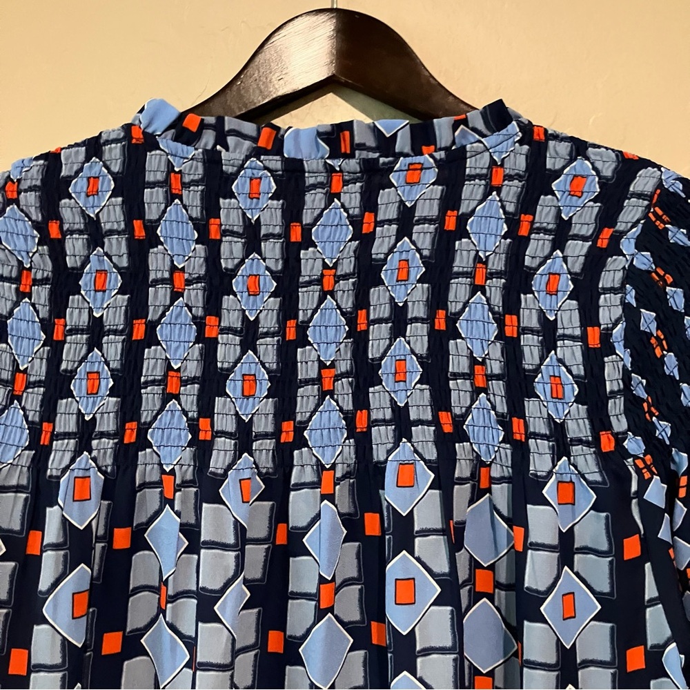 Jade Melody Tam Blue Navy Smocked Neck Tie Peasant Boho Long Sleeve Blouse Sz M - Picture 13 of 14